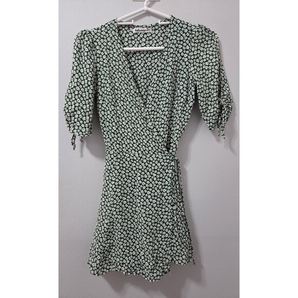 Reformation Green Floral Wrap Mini Dress Size Small Tie Sleeve V-Neck - Picture 3 of 8